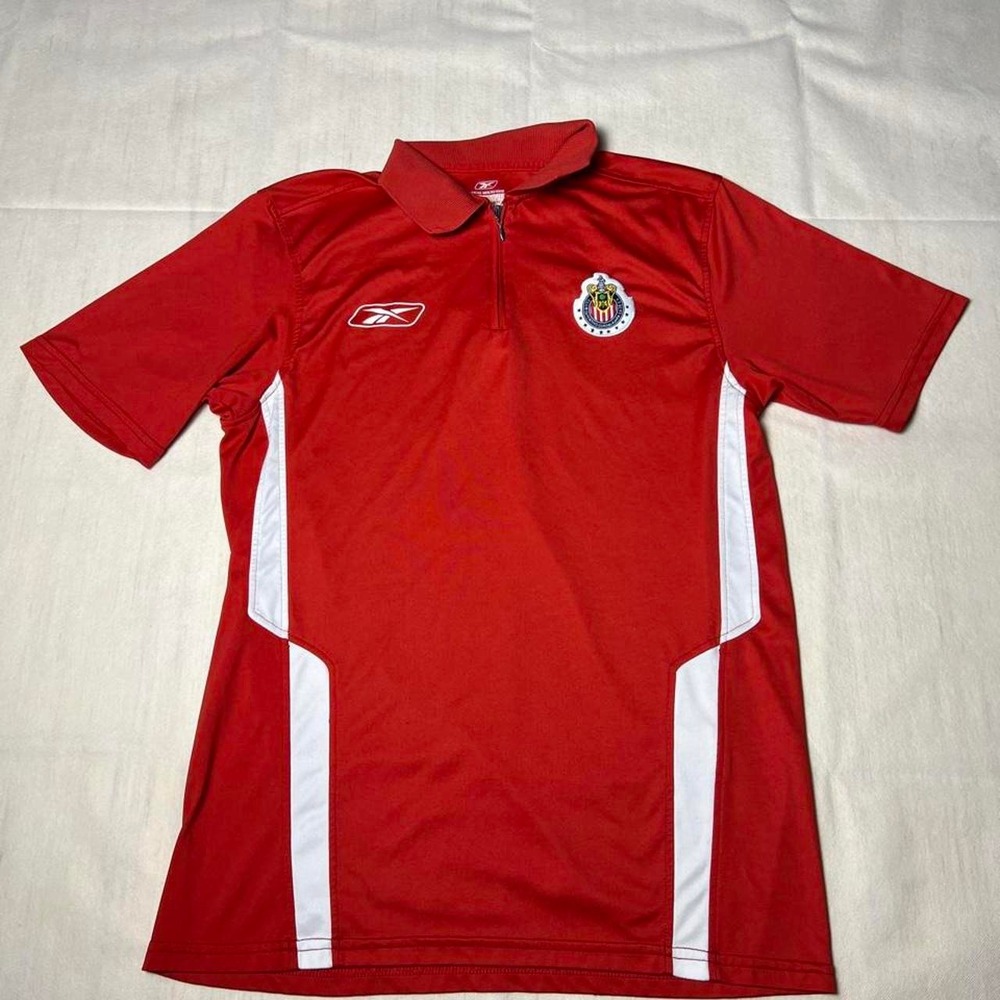 Reebok Chivas Guadalajara red polo shirt with white vertical stripes on sides
